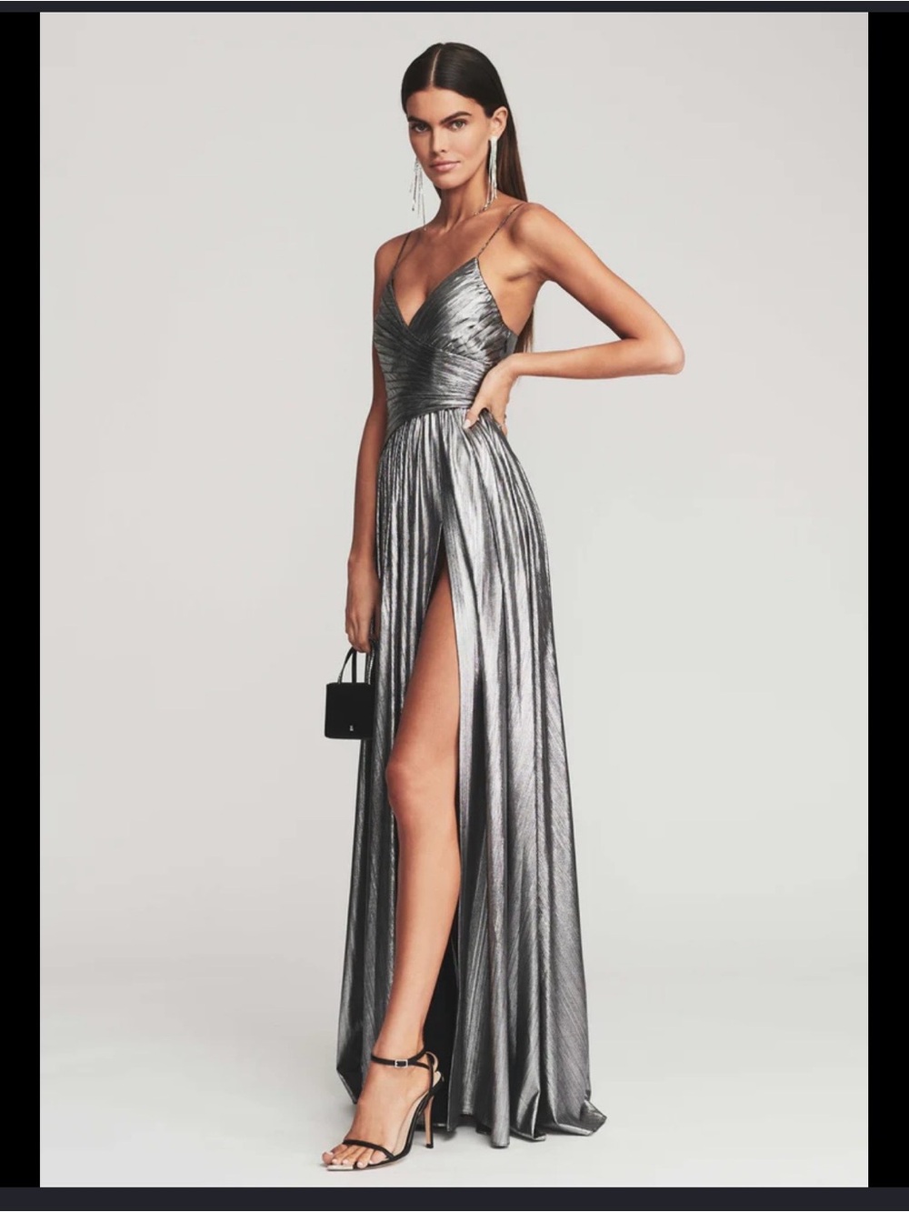 Retrofete Metallic Silver Plissé Gown with High Slit - Picture 2 of 6